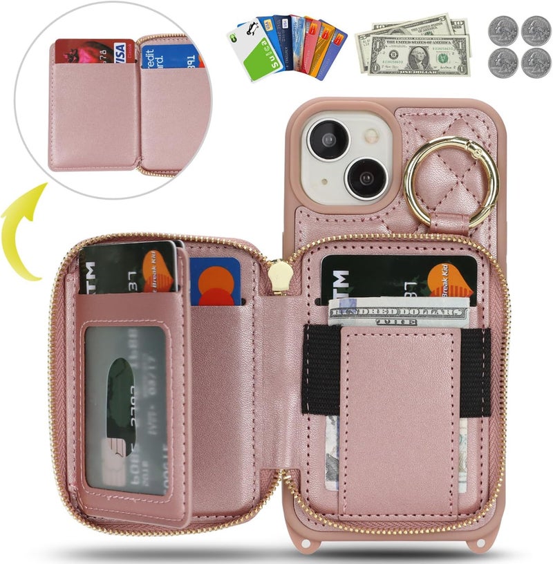 Hamany Crossbody Wallet Case for iPhone 15, PU Leather Zipper Handbag Purse Flip Cover, Kickstand Folio Case with Card Slots Holder Wrist Strap Lanyard 5G 6.1 Inch-Rose Gold - Image 2